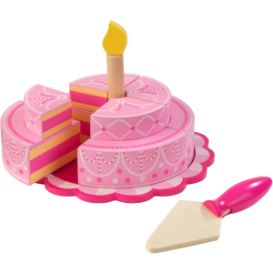 Rosa Mehrschichtiger Geburtstagskuchen – Hölzernes Spielkuchen-Set für Kinder – 12-teilig, realistisch bemalt, inkl. Kuchenheber – Ideal für Rollenspiel, Kindergarten, Schule & Zuhause